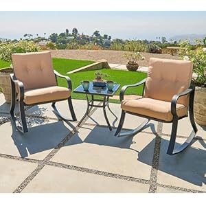 Oakmont Outdoor Furniture 3 Piece Conversation Bistro Set Rocking Chairs and Glass Top Table Thick Cushions Black Steel Brown