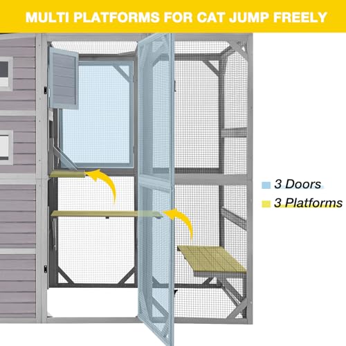 Image of Aivituvin Catio Outdoor Cat Enclosure Feral Cat House Large Kitty Shelter with Run Cat Cage with Platforms 76.8 inch L x 35.8 inch W x 69.3 inch H,Grey