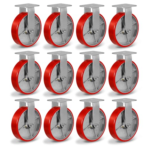 8" Casters, Polyurethane Industrial Caster Wheels Heavy Duty, Top Plate Fixed Casters(12 Rigid)