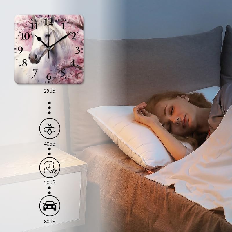 Quartz Wall Clocks Non-Ticking Silent Battery Operated Modern Wall Clocks Decorative for Home,Bedroom-Watercolor Painting of Beautiful White Horse Under Cherry Blossom Tree(14inch)