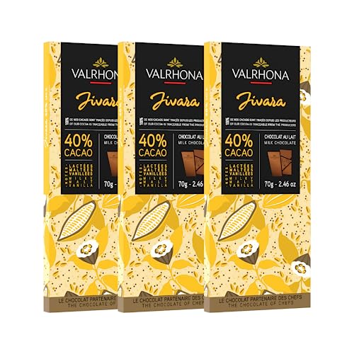 Valrhona Milk Chocolate JIVARA 40% Cacao Tasting Bar - Gourmet French Chocolate, Caramel & Vanilla. The Darkest Milk Chocolate for Baking & Frostings, Sauces, Silky Cakes, Candies. 70g. (Pack of 3)