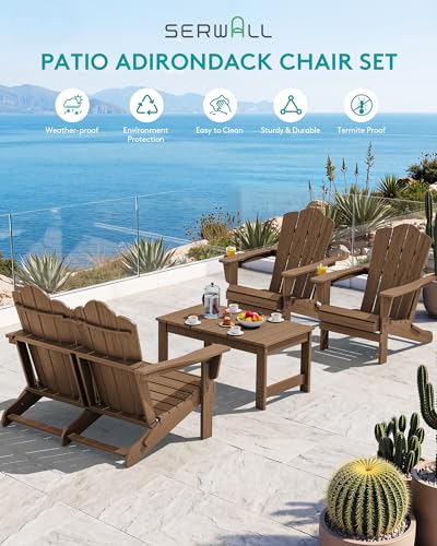 Image of SERWALL 4-Pc HDPE Adirondack Set, 2 Chairs, 1 Bench & 1 Coffee Table, Brown