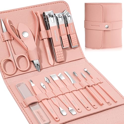 Leipple - Manicure Set Professional Nail Clippers Pedicure Kit, 16 pcs Stainless Steel Nail Care Tools Grooming Kit with Luxurious Travel Leather Case for Thick Nails Men Women Gift (Pink)