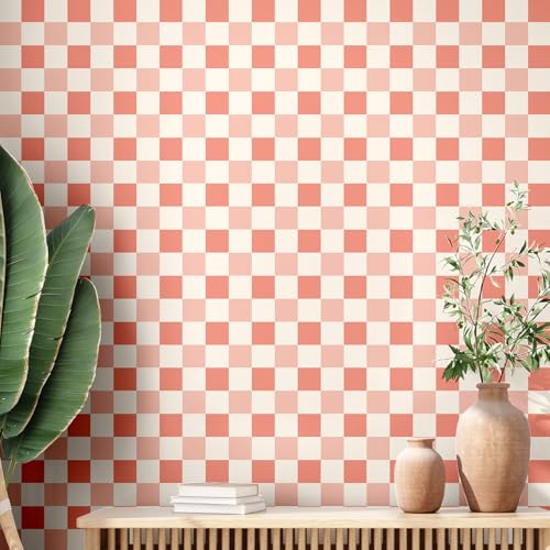 Drydiet Pink Checkered Peel and Stick Wallpaper 70s Retro Funky
