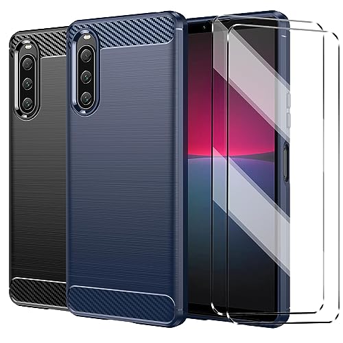 HuiYouMY 2Pcs Funda con Cristal Templado 2Pcs Protectora Capa Compatible with Sony Xperia 10 V Antigolpes Fundas Carcasa Compatible with Sony Xperia 10 V Silicona Funda de Móvil Black+Navy