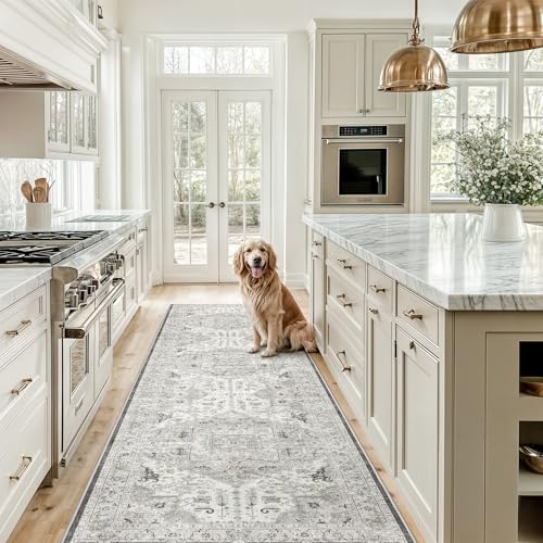 Madane Hallway Runner Rug 2'6''x10' Kitchen Runner, Non Slip Vintage Runners for Hallways Washable Kitchen Rugs Soft Low Pile 2.5x10 ft Rug Runner for Laundry Room, Entryway and Bedroom, Ivory/Brown