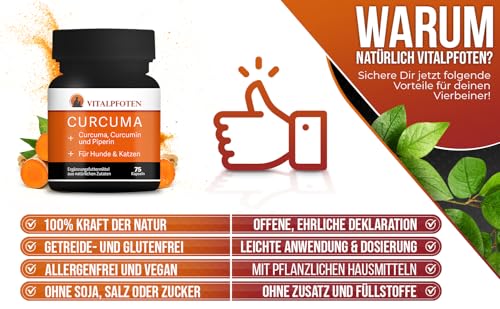 Vitalpfoten 75 Curcuma Kapseln für Hunde und Katzen mit Curcumin und Piperin, Ergänzungsfuttermittel sanfte Dosierung, Herstellung in Deutschland, höchste Reinheit und Qualität