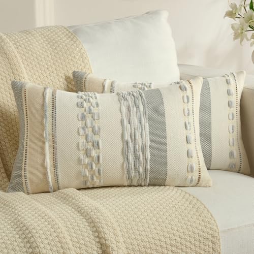 Ystyle Juego de 2 Boho Funda Cojin 30x50, Fundas Cojines Decorativa con Rayas y Textura Tufted Suave, Fundas de Cojines para Decoración del Hogar Sofá Dormitorio, Blanco Roto