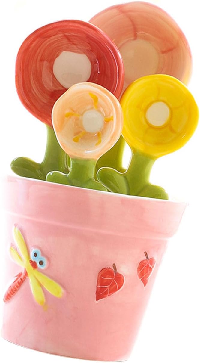Pack of 4 Participatory Ceramic Flower Measuring Utensils Acetic Acid Family Cooking Tasks Flower Plan Spoons