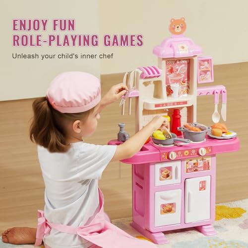 Image of VEVOR Kids Kitchen Playset 48PCS, Pretend Play Kitchen with Cooking Stove with Steam, Sounds and Lights, Play Sink and Play Food, Toy Kitchen Set for Toddlers (Pink) Size 18.5 inch x 9.4 inch x 30.7 inch