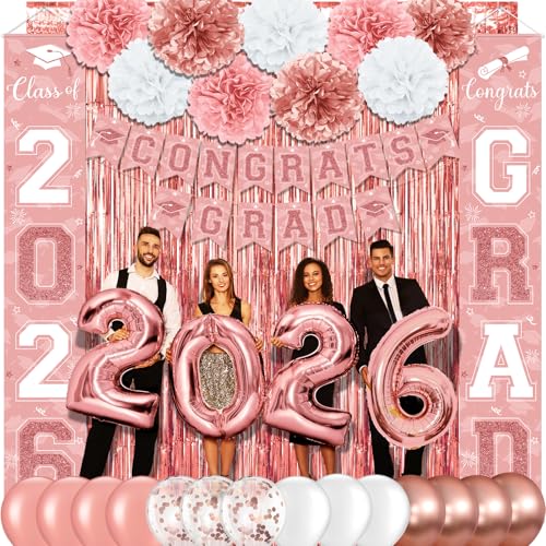 Image of Graduation Party Decorations Class of 2026, Graduation Decorations with Congrats Grad Banner Fringe Foil Curtain Paper Flower Ball Balloons for High School College Graduation Party Supplies, Pink