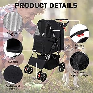 Pet Stroller, 4 Wheels Foldable Dog Stroller with Storage Basket and Cup Holder, Dog Carriage for Medium Small Dogs Cats Jogging Travel Carrier Cart, Black Pet Stroller, 4 Wheels Foldable Dog Stroller with Storage Basket and Cup Holder, Dog Carriage for Medium Small Dogs Cats Jogging Travel Carrier Cart, Black