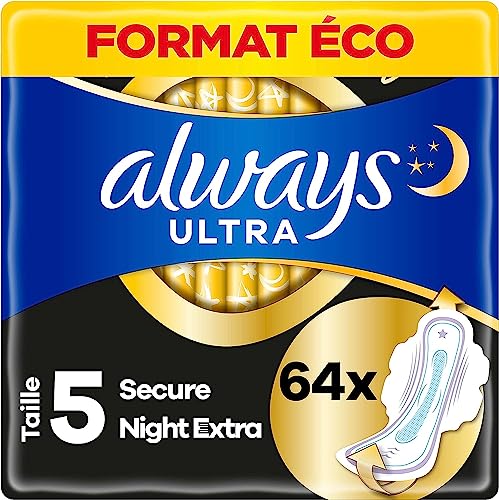 Always Ultra Compresas para mujer Secure Night Extra (tamaño 5) con alas (64 compresas con alas), paquete grande, noche, fina y superabsorbente, neutraliza los olores y evita fugas.
