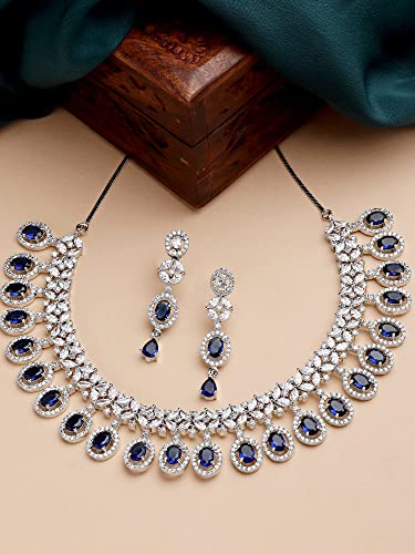 Image of Karatcart Silver Tone Green American Diamond Studded Necklace Set for Women