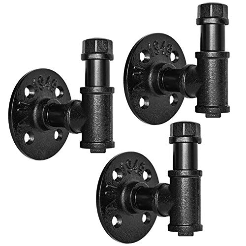Sunmall Industrial Pipe Coat Hook Racks, Rustic Heavy Duty Wall Hooks for Hanging Clothes, DIY Black Towel Hook, Vintage Towel Holders for Bathrooms with Red Handle, Set of 3 (Black Style 2)