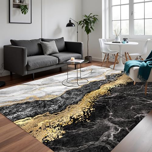 Modern Contemporary Abstract Black Grey Gold Marble Pattern Area Rug