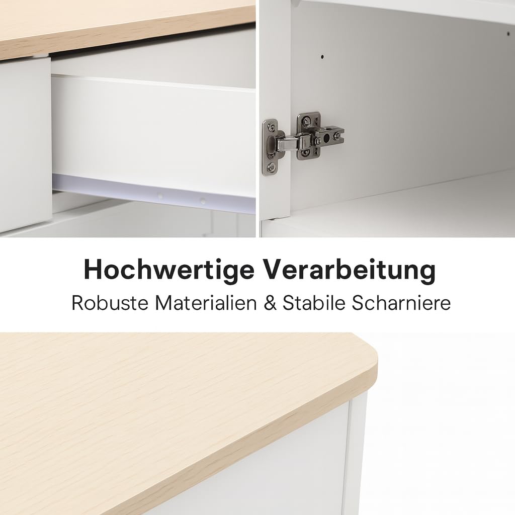 Sideboard 160 cm Weiß Holzoptik mit 3 Schubladen & 4 Türen – Buffetschrank Landhausstil mit Verstellbaren Regalböden – Anrichte für Wohnzimmer & Esszimmer (Weiß, 160 L x 37 B x 75H(cm))