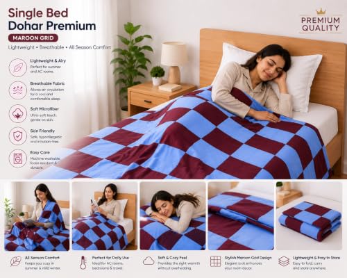Image of Single Bed Dohar Premium Maroon Grid | Lightweight Summer Quilt | Soft Microfiber AC Blanket | Breathable All Season Comforter | Skin Friendly Bed Cover