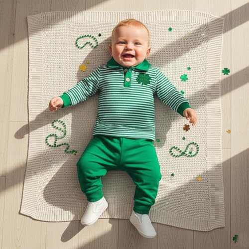 Image of Toddler Baby Boy St Patricks Day Outfit Infant Lucky Clover Sweatshirt Pants Set Little Kids Spring Warm Clothes
