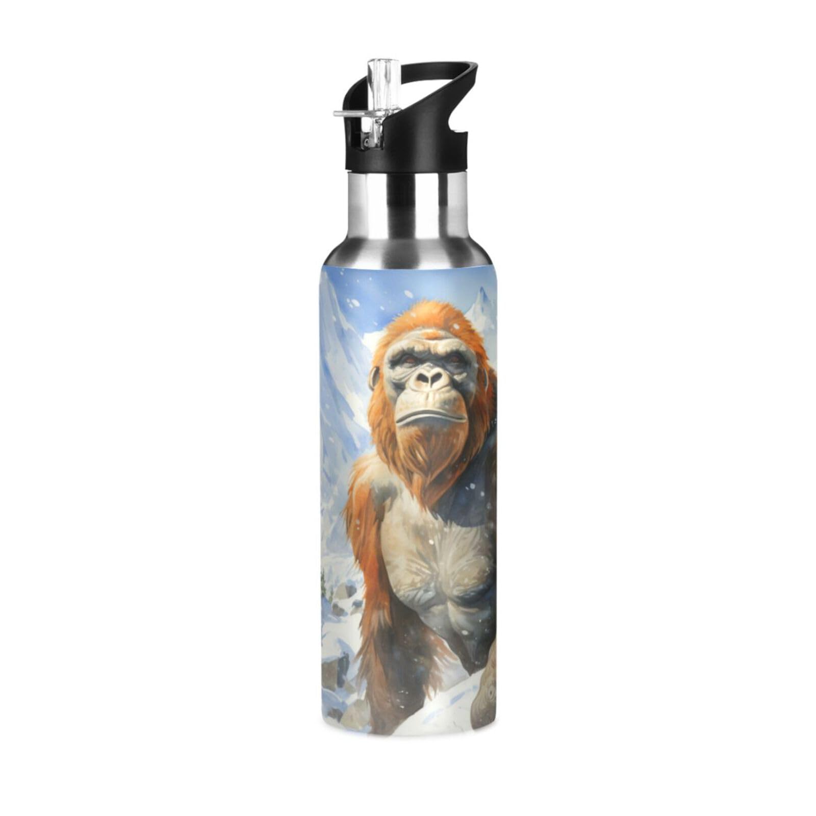 NiigeuCool Snow Gorilla Monkey Sport Water Bottle with Straw Thermos Stainless Steel Double Walled Insulated Vacuum Cup 600ML Tea