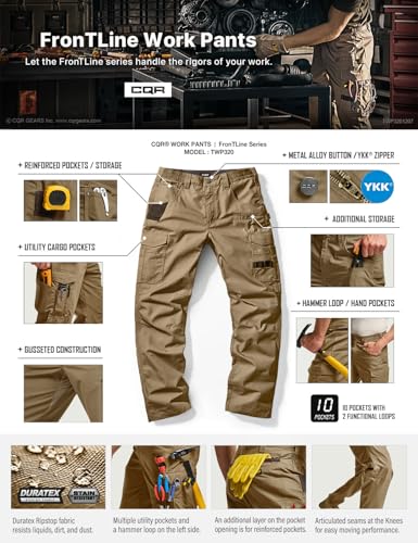 Image of CQR Men's Quick Dry Work Pants, Water Resistant Outdoor Tactical Pants, Lightweight Stretch Cargo Hiking Pants