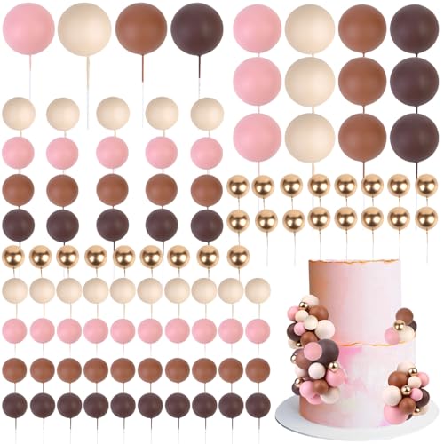 CORNER LACE 101 Pcs Ball Cake Decorations - Brown Pink Khaki Gold Ball Dessert Picks & Cupcake Toppers, Wedding Bridal Shower Birthday Baby Shower Gender Reveal Party Cake Supplies