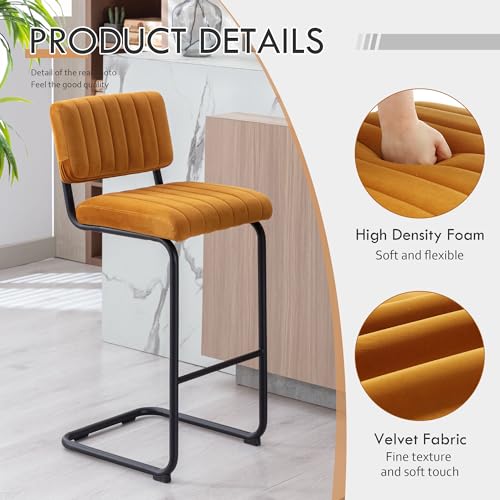 Image of Modern Barstools Set of 2, Comfy Bar Chairs with Velvet Upholstery Foam, 30'' Bar Height Stools for Kitchen Island, Armless Kitchen Stools for Dining Room, Orange