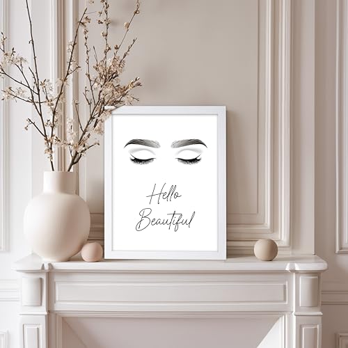 Image of Poster Master Fashion Poster - Hello Beautiful Print - Trendy Art - Modern Art - Minimal Art - Gift for Men, Women & Fashionista - Glam Decor for Dorm, Living Room or Bedroom, 11x14 White Framed