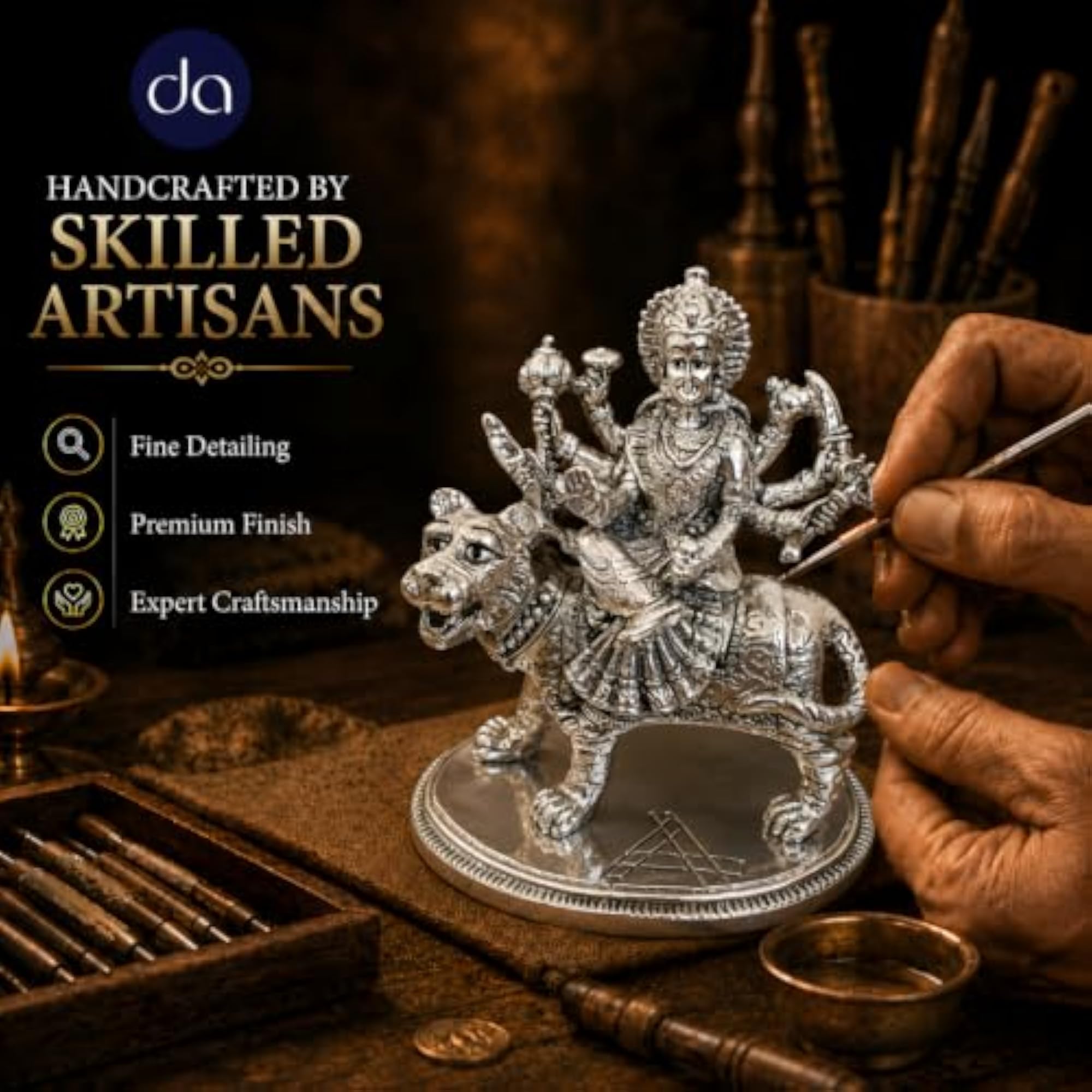 999 Silver Plated Durga Maa Idol, 4.2 Inch