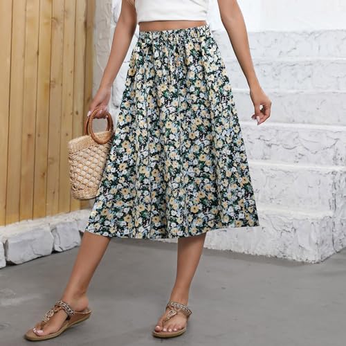 Floral Skirts for Women Midi Length Vintage Drawstring High Waisted A Line Skirt Flowy Boho Midi Skirt with Pockets4