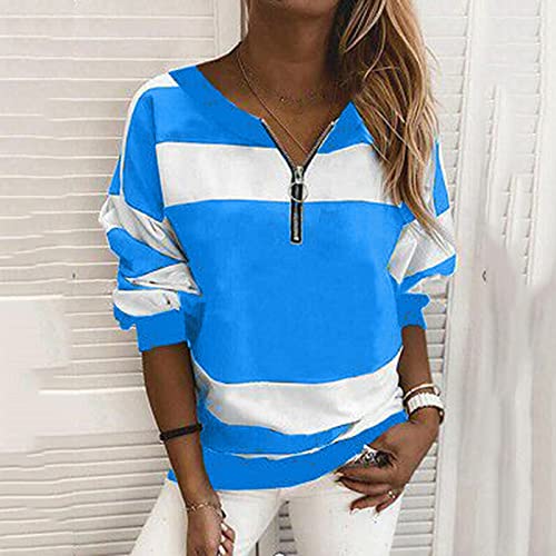Briskorry Dames lange mouwen strepen bovenstuk effen V-hals ritssluiting casual T-shirt los hemd mode tuniek lang shirt pullover mode blouse T-shirt voor vrouwen - Image 3