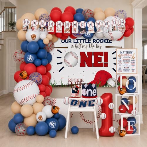Hombae Rookie Year 1st Birthday Decorations Baseball First Birthday Decor 136 PCs Party Supplies with Balloons Boxes Highchair & Photo Banners Cake Cupcake Toppers Tablecloth Backdrop Poster