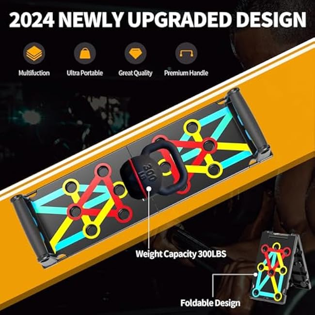 Multi-Functional Push-Up Plate with 4 Color Zones and 16 Holes. Portable and Foldable Push-up Board with Handle for Muscle Building and Strength Training