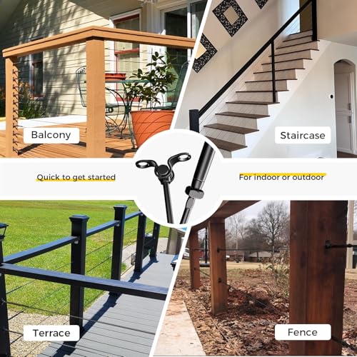 WAYSKA 16 Pairs Black T316 Stainless Steel Cable Railing Hardware Fit 1/8\" Wire Rope, Angle 180°Adjustable Swage Toggle Turnbuckle Tensioner and End Fitting, Black Cable Railing Kit for Wood Post
