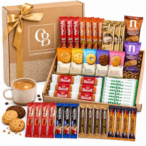 Coffee Gift Set Premium Biscuits & Coffee Sachets. Elegantly Wrapped In a Gold Bow Coffee Gifts for Men & Women Includes 51 items Gift Ready Luxury Hamper for All Occasions Perfect Present