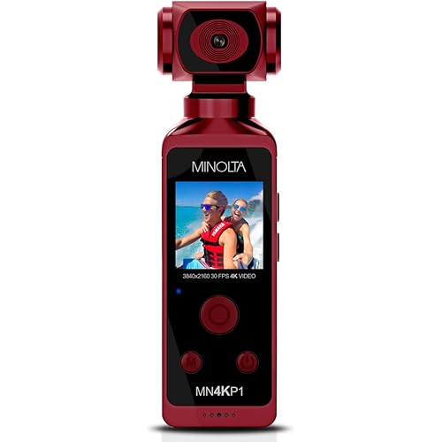 Minolta 4K Ultra HD Pocket Camcorder – WiFi Enabled Action Camera with 16MP Photos, 170° Wide Angle Lens, 270° Rotating Head, Slow Motion, 1.3-inch Display - 16GB Card & Waterproof Case (Red)