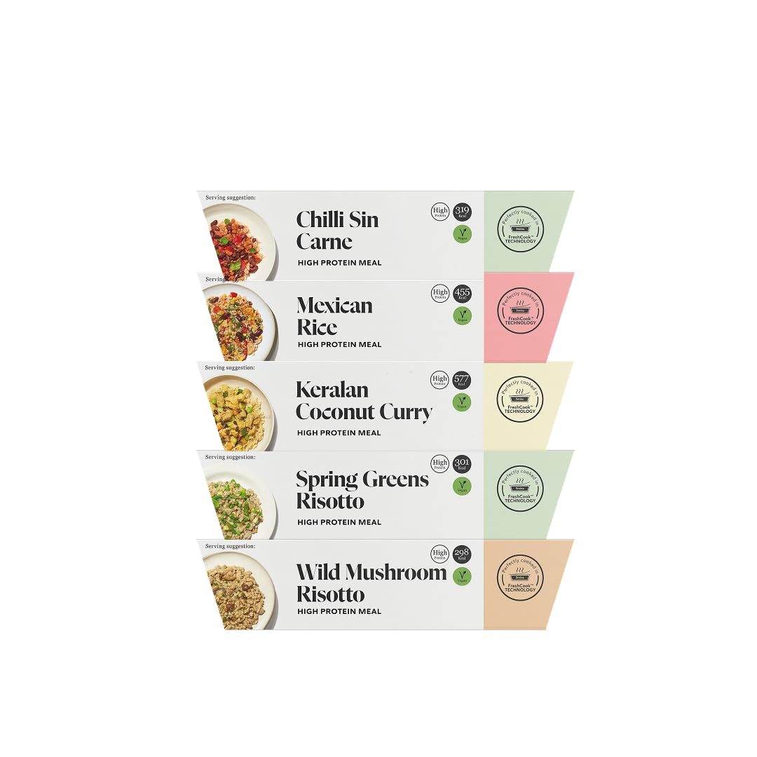 PRESS Healthfoods Vegan Ready Meals Variety Pack (5 Pack) – Plant Based Microwave Meals | Chilli Sin Carne, Keralan Coconut Curry, Mexican Rice, Spring Greens & Wild Mushroom Risotto