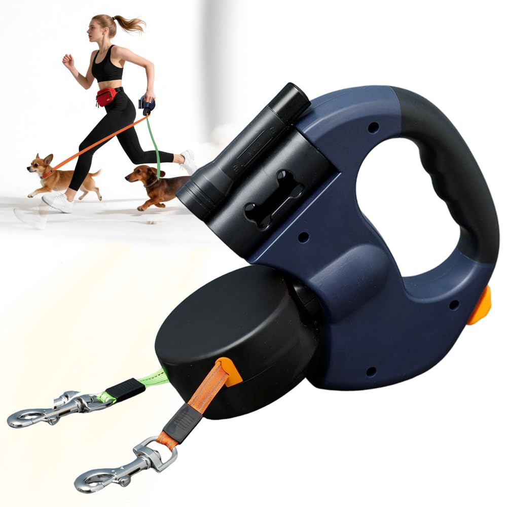 3m Hundeleine Doppelleine für 2 Hunde, Rollleine Einziehbare Hundeleine mit LED Licht, Automatische Hund Versenkbar Leine, Flexileine, Anti Rutsch Griff für Kleine Und Mittelgroße Hunde (Blau)