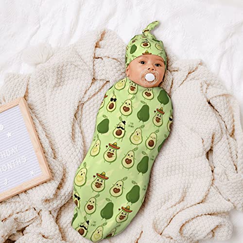Image of Cute Avocado Newborn Swaddle Blanket with Hat Sets Newborn Receiving Blanket for Boy Girl Swaddle Sack Shower Infant Gift