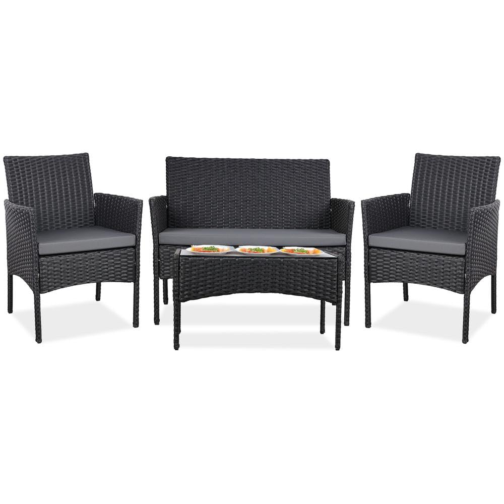 YOEVU Set Jardín 4 Piezas Ratán Sintético Antracita | Sofá y Sillas con Cojines Lavables, Mesa Cristal Templado, Resistente Agua/Sol, Ideal Terraza, Patio, Balcón