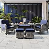 Outime Patio Furniture Outdoor Sectional Sofa All Weather PE Grey Rattan Dining Sofa Set Conversation Set with Navy Blue Cushion Dinner Furniture for Home Business Conversation Sofa Set