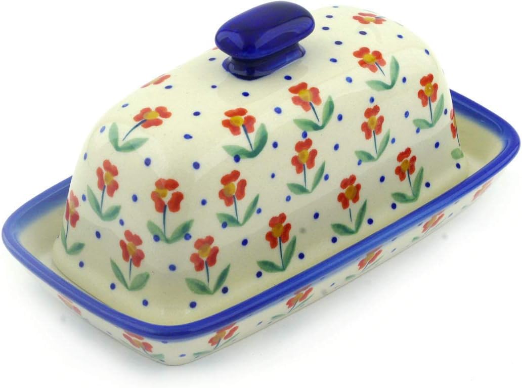 Polmedia Polish Pottery Butter Dish - Red Primrose Pattern Handmade in Boleslawiec Poland + Certificate of Authenticity