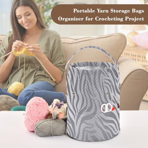 Image of ElliTarr Crochet Bag Yarn Bag with Handle Portable Knitting Project Bag Travel Yarn Storage Organizer Holder Case Light Silvery Zebra Print