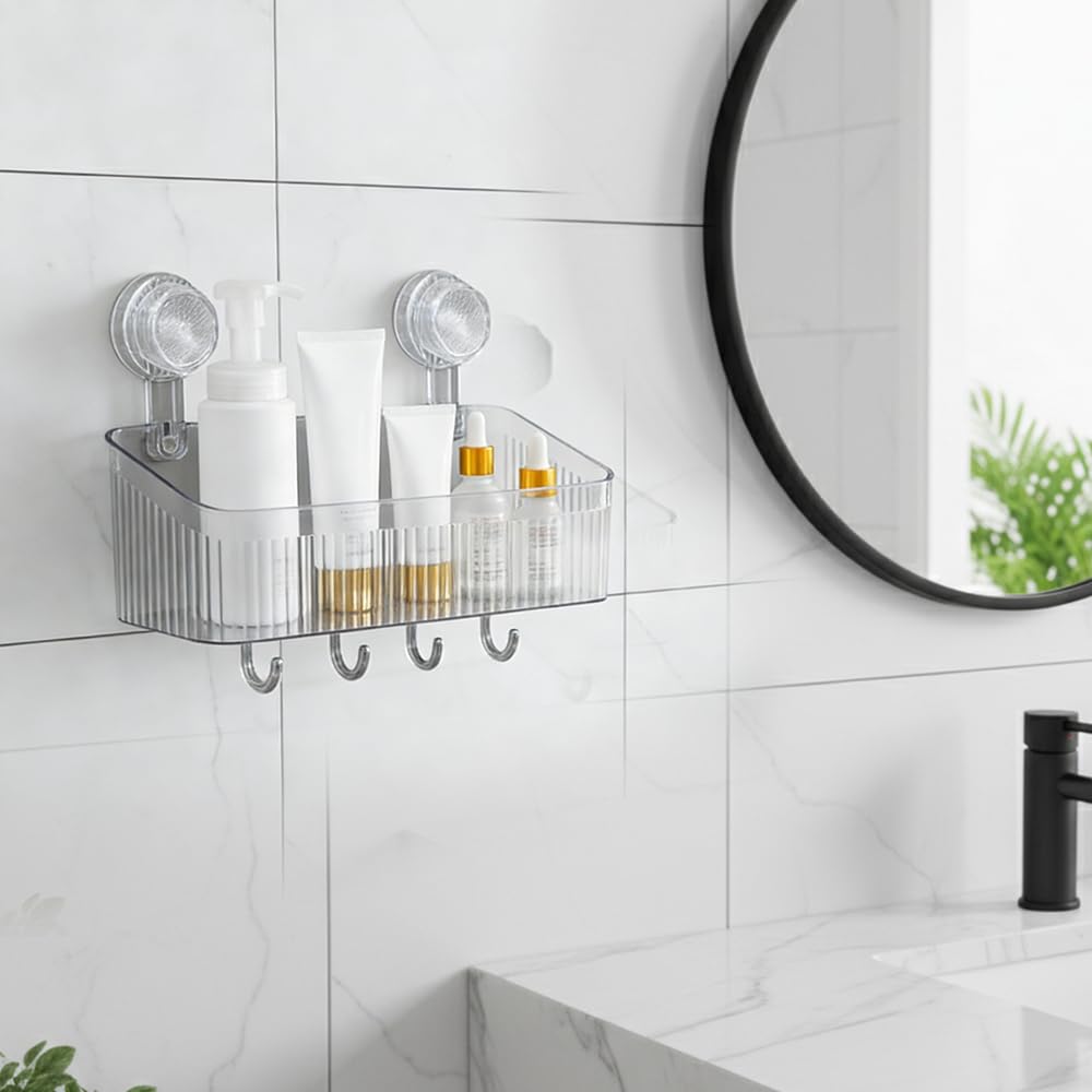 Fliwos No-Drill Bathroom Suction Storage Box No-Drill Bathroom Shelf Shower Caddy with Suction Cups Wall Mount Organizer Removable