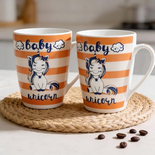 Image of U.P.C.Milk Mug Set of 2 | Ceramic & Bone China Coffee Milk Cups | Designer Printed Tea Coffee Mug Set | Large Capacity Milk Mugs | Microwave Safe Cup Set | Drinkware Gift Set (Unicorn baby -Orange)