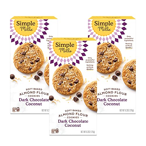 Simple Mills Almond Flour Soft Baked Cookies, Dark Chocolate Toasted Coconut - Gluten Free, Healthy Snacks, Made with Organic Coconut Oil, Plant Based, 6.2 Ounce (Pack of 3)