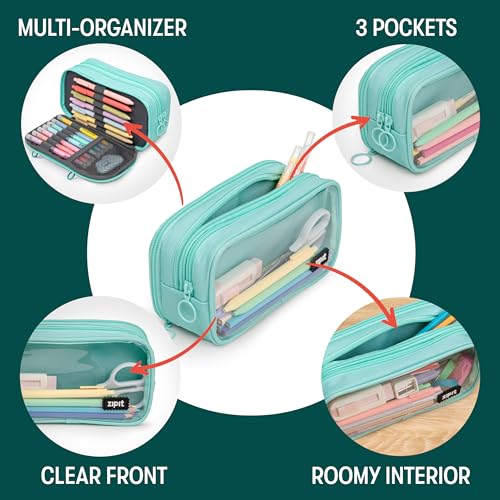 Image of ZIPIT Half & Half Pencil Case, 3 Compartment Zipper Pouch for School, Stationery Bag for Teen Girls Boys and Adults, Mint