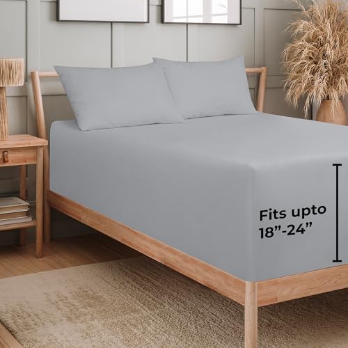 Image of Royale Linens Extra Deep Pocket Full Fitted Sheet Only - Full Size Deep Pocket Silver Fitted Sheet - Fits 18 inch to 24 inch Thick Mattress - Soft & Breathable Elastic Sheets (54x75 Inches, Silver)