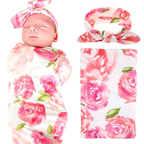 Newborn Baby Swaddle Blanket and Headband Value Set,Receiving Blankets, Pink Flower