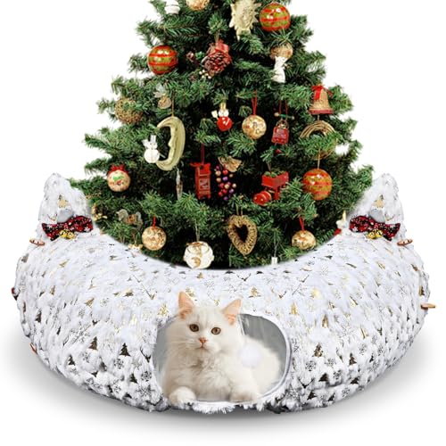 AceOrbit Christmas Cat Tunnel Bed 2.6ft x 2.6ft x 10in Under Christmas Tree for Indoor Cats Xmas Pet Donut Tunnel Foldable Pet Cave Toy for Small Animals Kitten